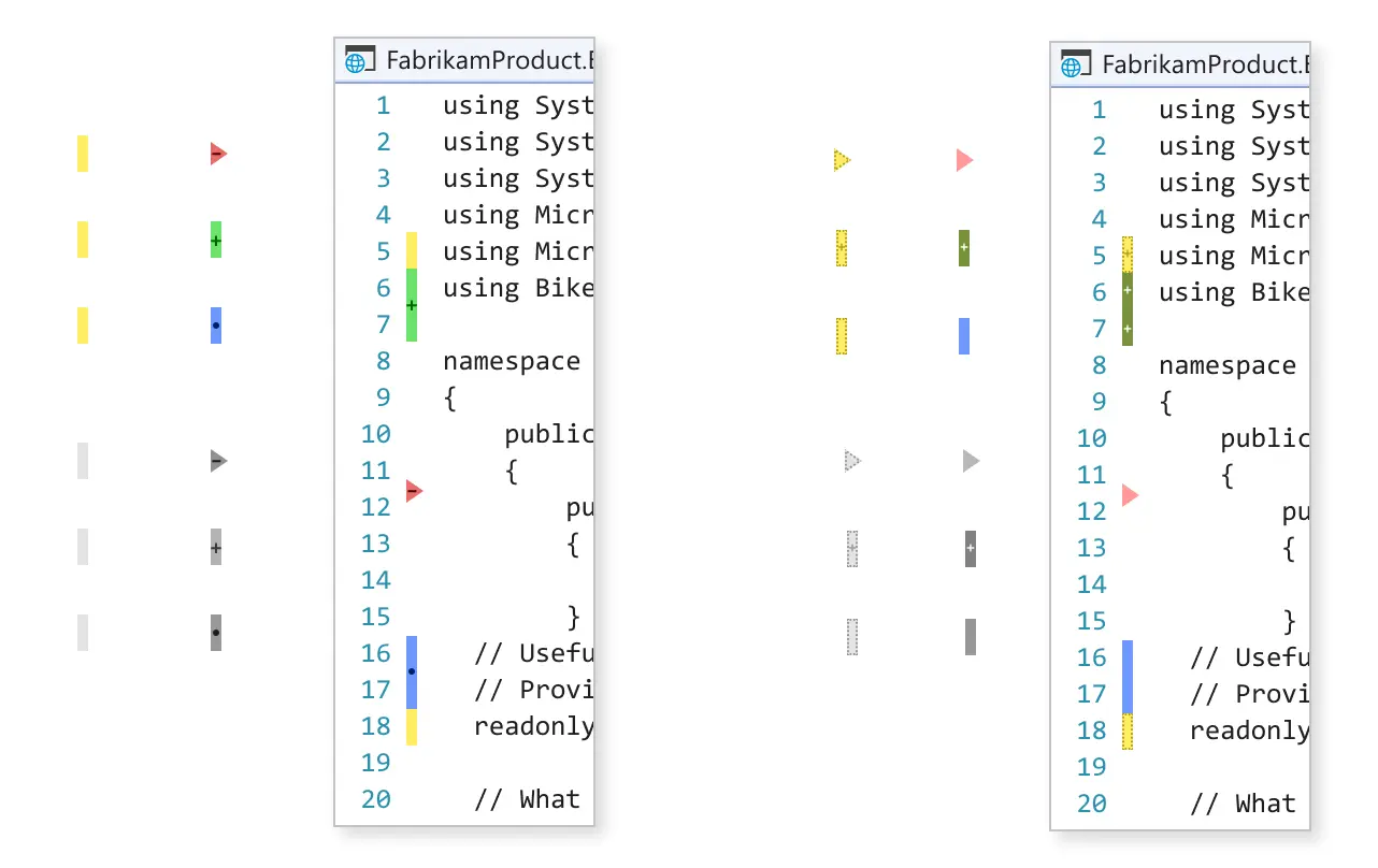 Change indicator design iteration exploring various sign and character patterns to represent different change types.