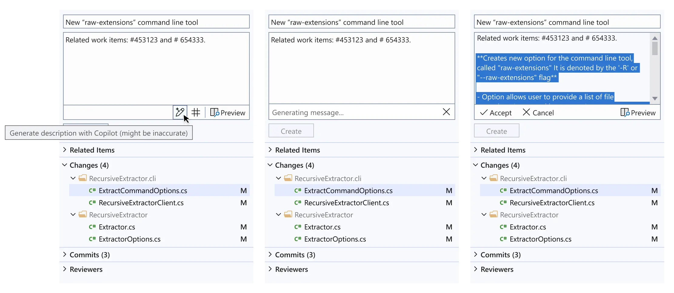 Design mockup showing the flow of using Copilot PR Description.