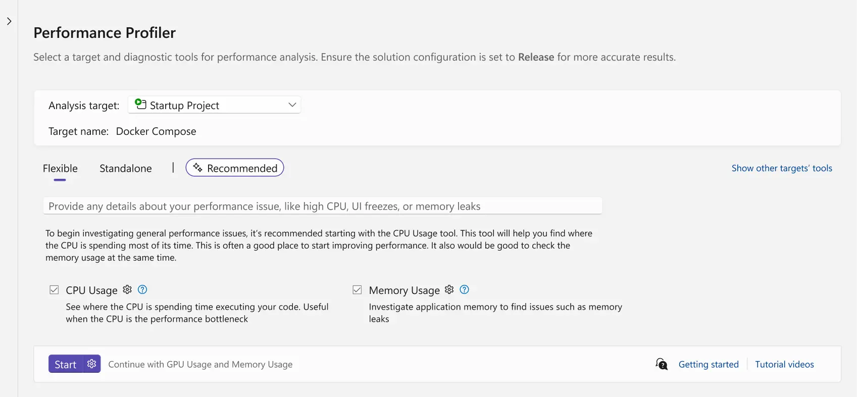 Diagnostics Performance profiler feature design mockup.