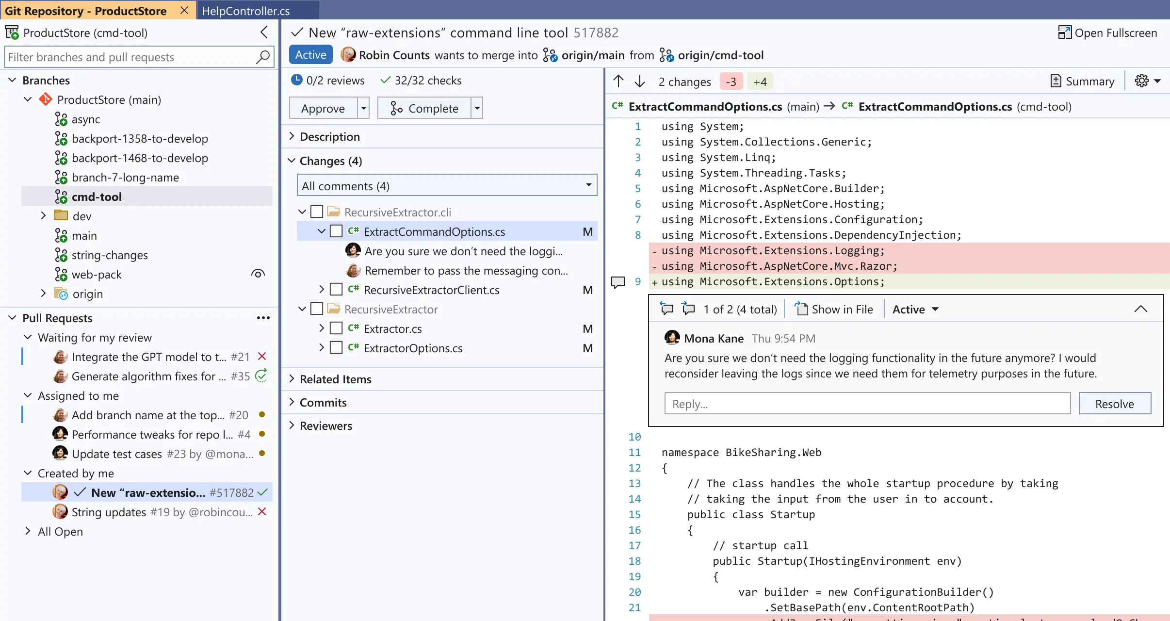 The design mocup showing the final pull request experience in Visual Studio.