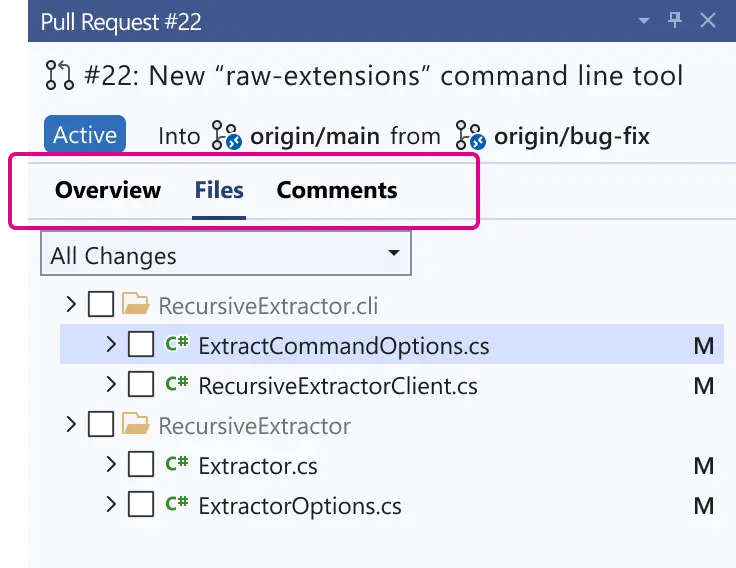 Tabbed navigation to switch between different PR views.