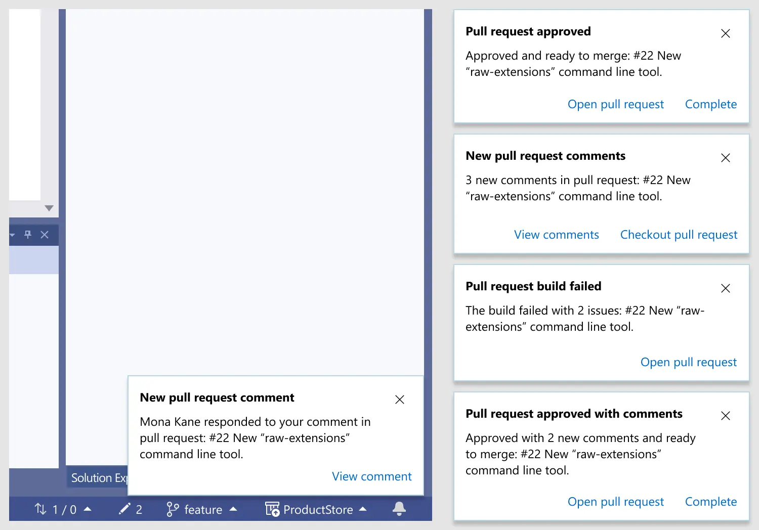 Toast notifications providing contextual information during coding flow.